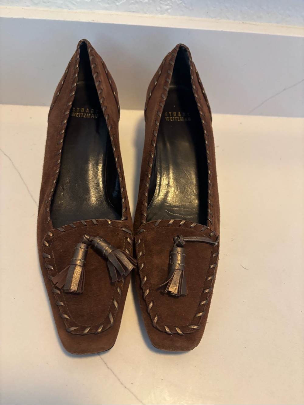 Stuart Weitzman Shoes Womens 8 M Heels Pumps Brown Suede Tasseled Loafer Career
